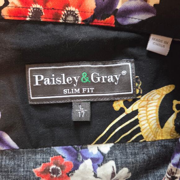 Paisley & Gray Button-down Shirt Black Floral Size Large 17 Slim-fit, Cranes - Picture 3 of 12